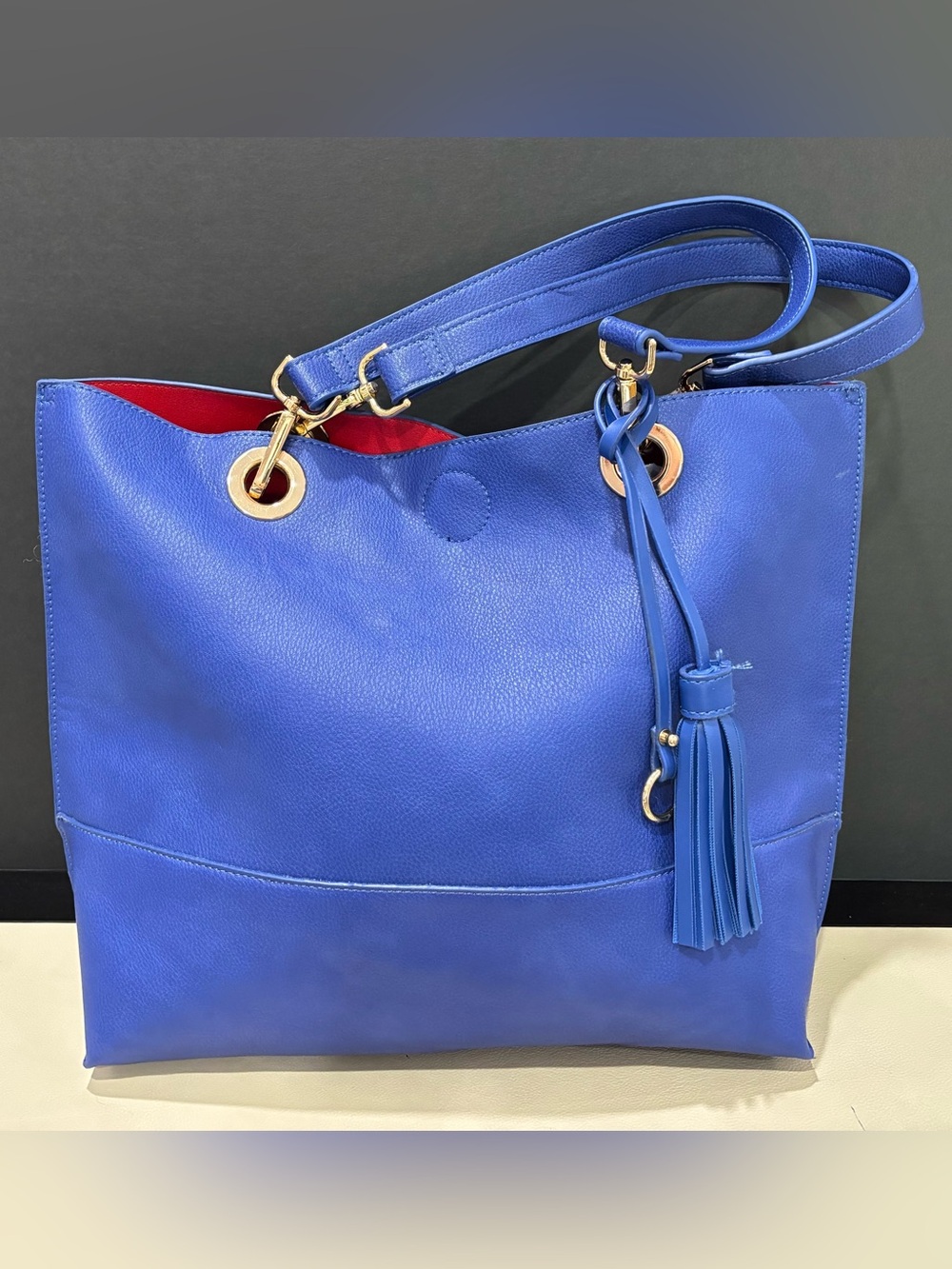 Blue Faux Leather Tote, Shoulder Bag with Tassel Bag Charm